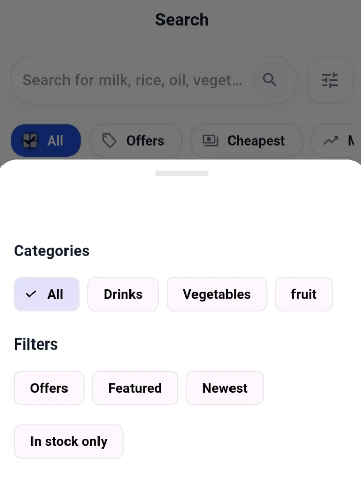 Customer App search and filter controls